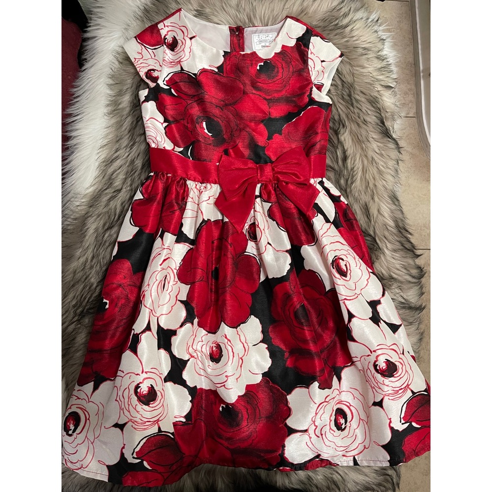 Gymboree Red White Floral Roses Holidays Party Formal Dress Waist Bow Size 8